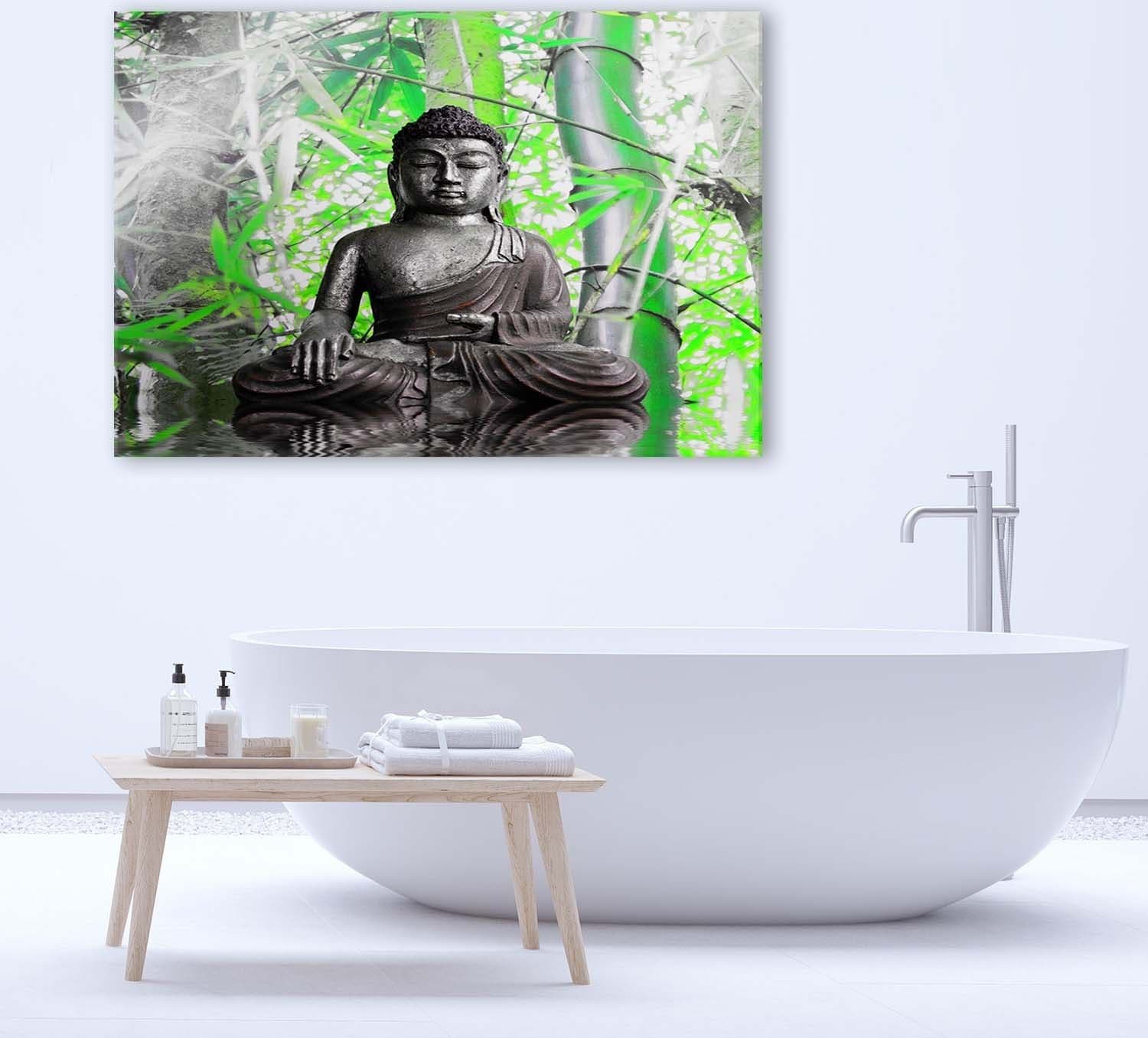 Quadro su tela, Buddha con foglie verdi - 2