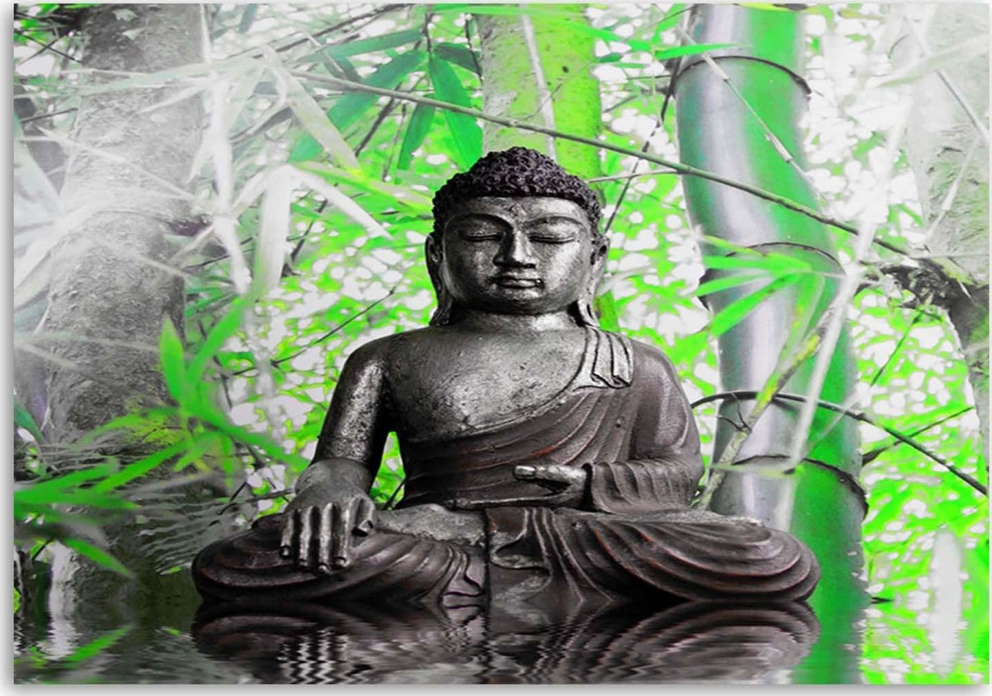 Quadro su tela, Buddha con foglie verdi - 3