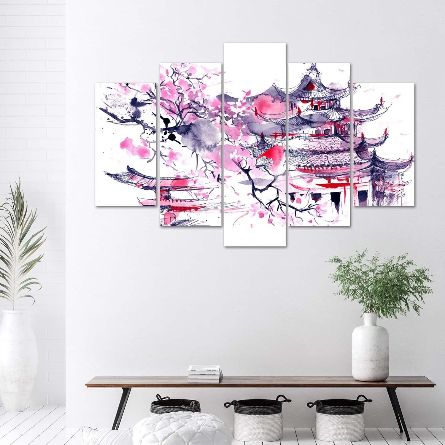 Quadri Quadro 5 pezzi Stampa su tela Paesaggio rosa giapponese - 2