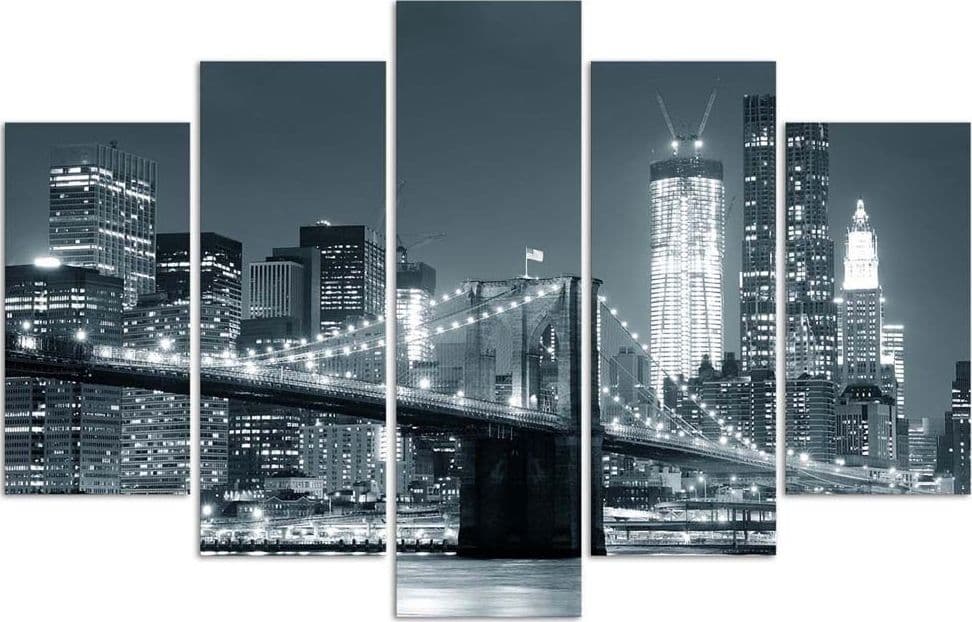 Quadro su tela 5 pannelli Ponte di New York in bianco e nero - 3