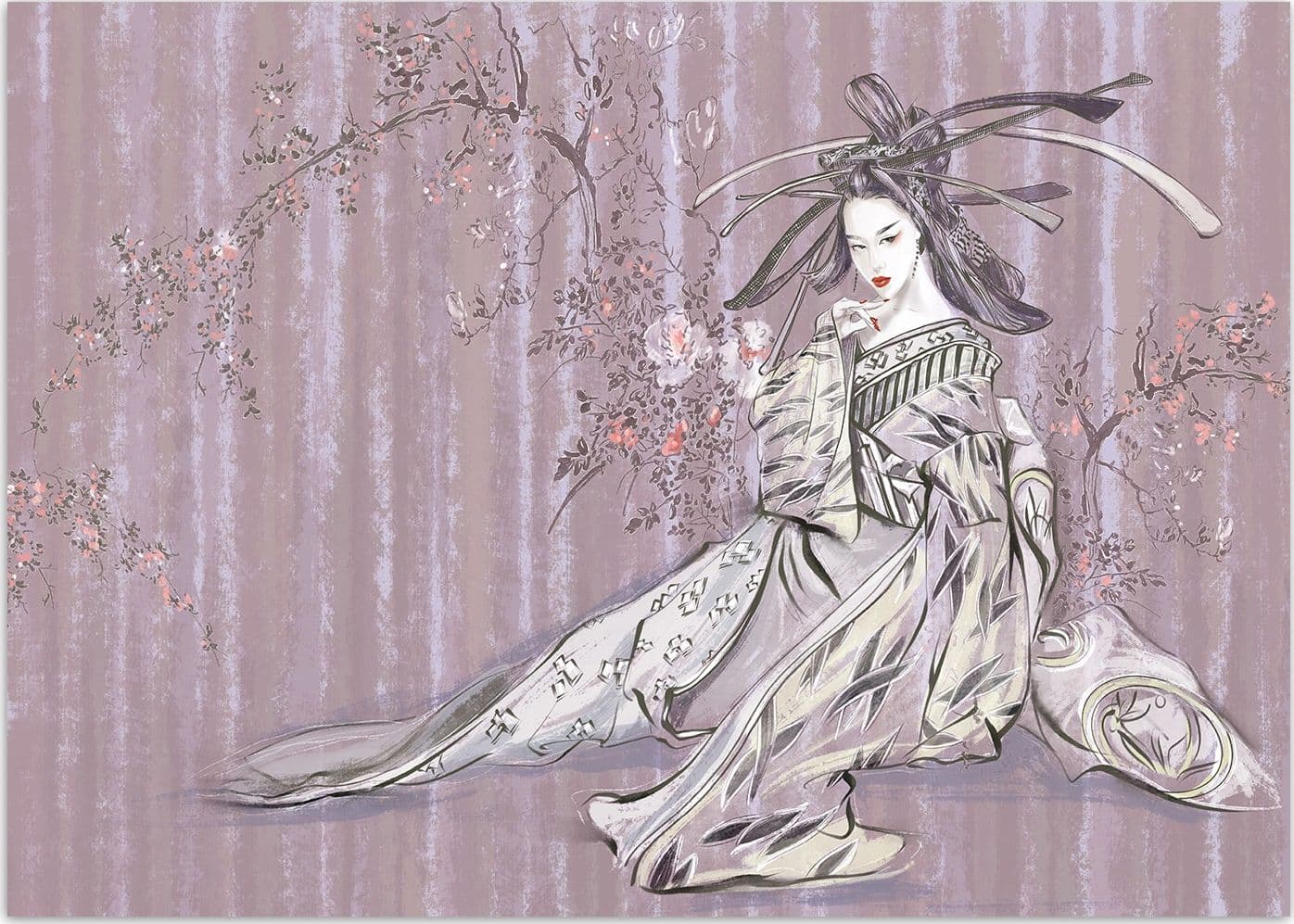 Carta Da Parati, Geisha giapponese rosa retrò - 3