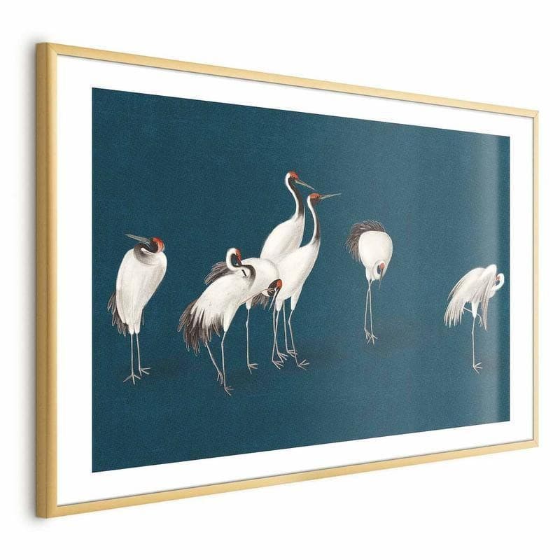 Poster - Evening at the Pond - group of cranes drawn in dry pastel on a dark turquoise background - 17