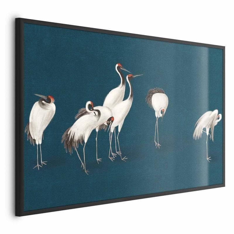 Poster - Evening at the Pond - group of cranes drawn in dry pastel on a dark turquoise background - 16