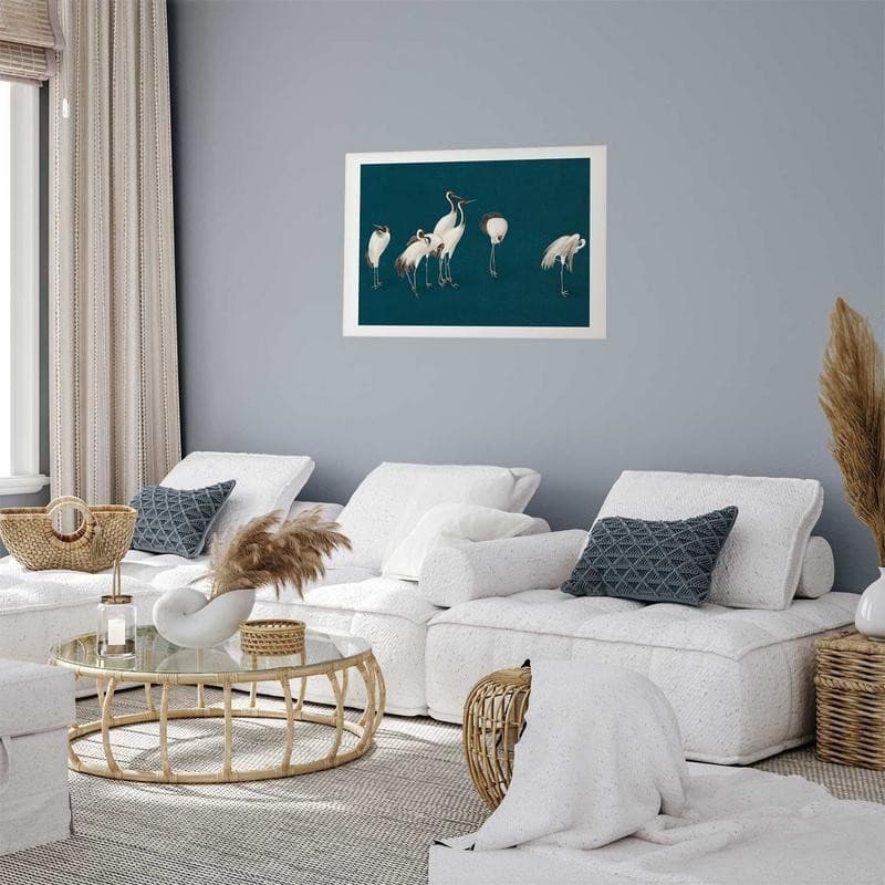 Poster - Evening at the Pond - group of cranes drawn in dry pastel on a dark turquoise background - 12