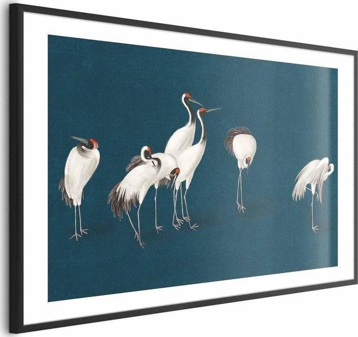 Poster - Evening at the Pond - group of cranes drawn in dry pastel on a dark turquoise background - 5