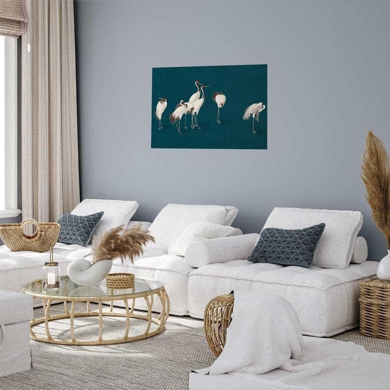 Poster - Evening at the Pond - group of cranes drawn in dry pastel on a dark turquoise background - 7