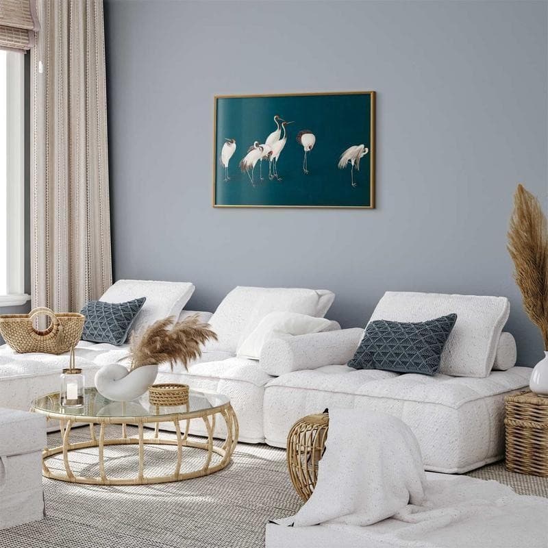Poster - Evening at the Pond - group of cranes drawn in dry pastel on a dark turquoise background - 9