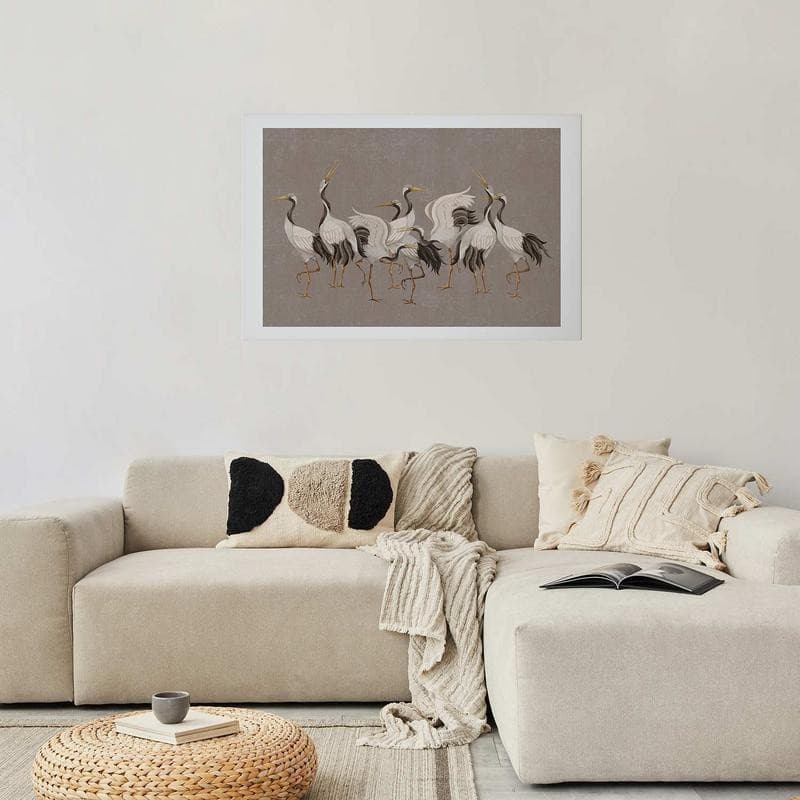 Poster - Crane Dance - light bird silhouettes on a warm-gray textured background - 12