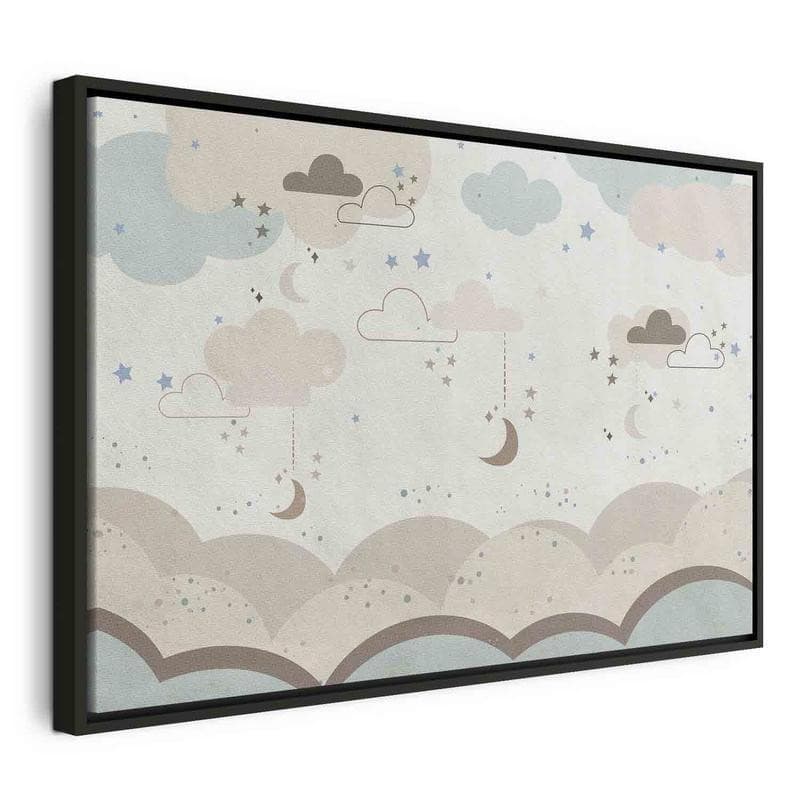 Quadro - Cloudy Night Sky - Moons in Brown and Beige Hues Among Clouds and Numerous Little Stars on a Light Background - 21