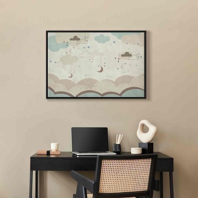 Quadro - Cloudy Night Sky - Moons in Brown and Beige Hues Among Clouds and Numerous Little Stars on a Light Background - 12