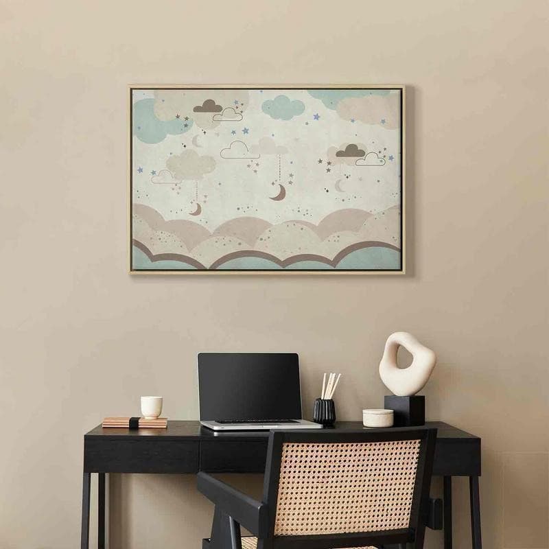 Quadro - Cloudy Night Sky - Moons in Brown and Beige Hues Among Clouds and Numerous Little Stars on a Light Background - 13