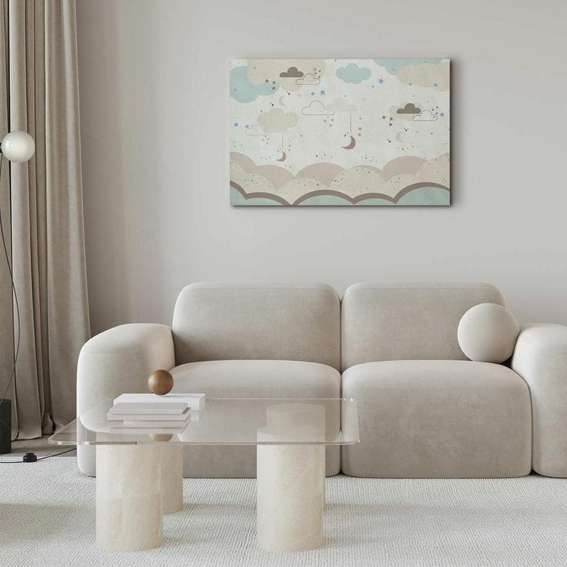 Quadro - Cloudy Night Sky - Moons in Brown and Beige Hues Among Clouds and Numerous Little Stars on a Light Background - 5