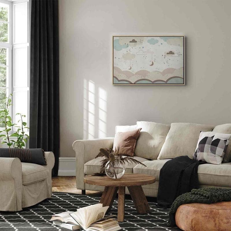 Quadro - Cloudy Night Sky - Moons in Brown and Beige Hues Among Clouds and Numerous Little Stars on a Light Background - 6