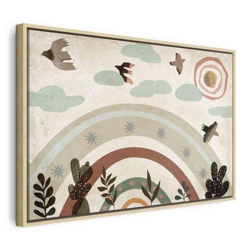Quadro - Rainbow and Sun Above - Birds in Subdued Colors Flying Among Clouds Above a Rainbow and Various Plants on a Lig - 22