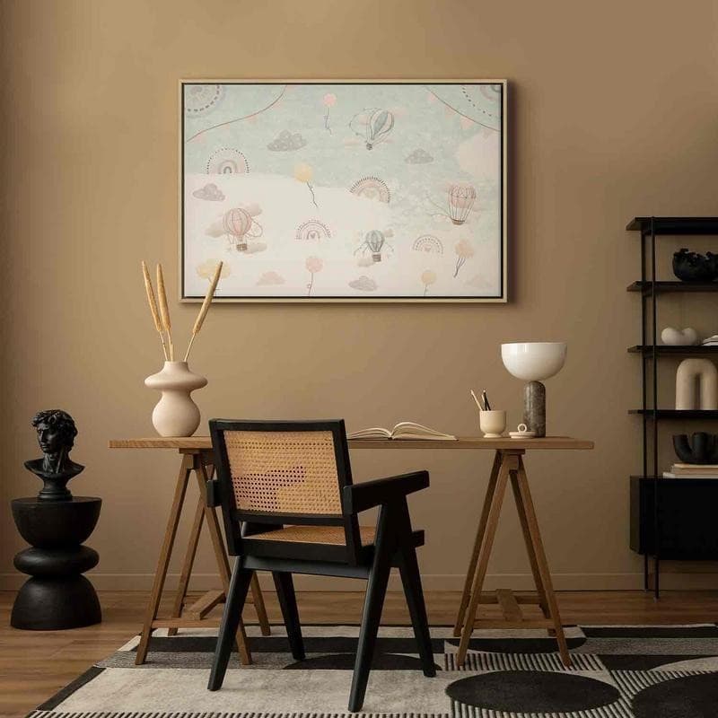 Quadro - Sky with Balloons - Balloons in Subdued Colors Flying in the Sky Among Clouds Rainbows and Stars - 12