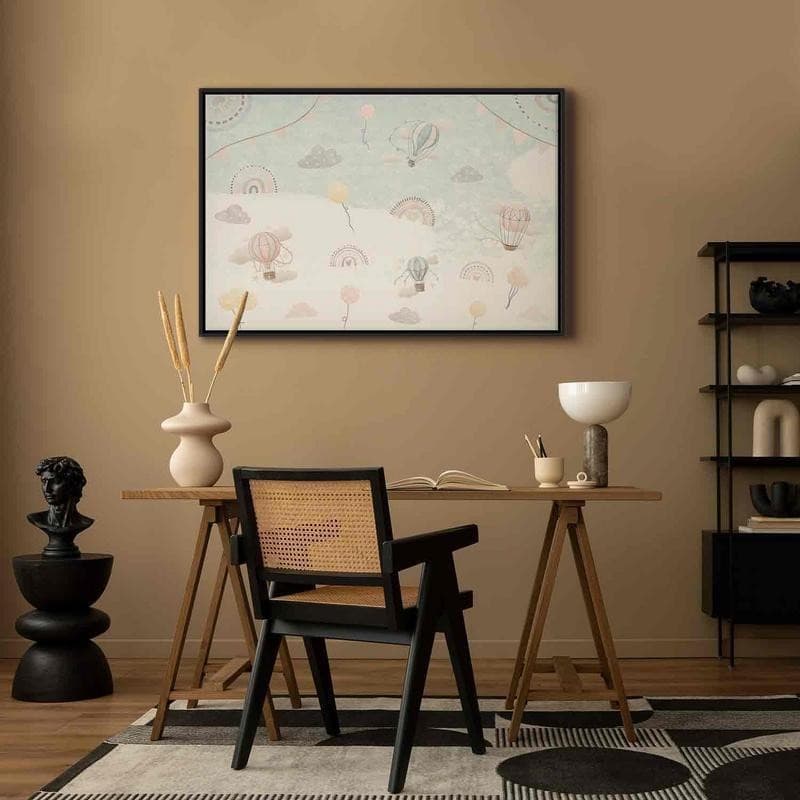 Quadro - Sky with Balloons - Balloons in Subdued Colors Flying in the Sky Among Clouds Rainbows and Stars - 13