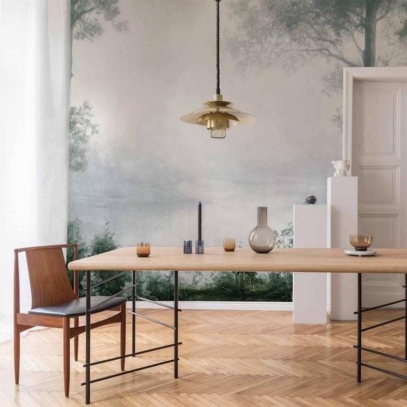Carta da parati - Retro Landscape - Grove Trees and Pond in Patinated Shades of Green - 12