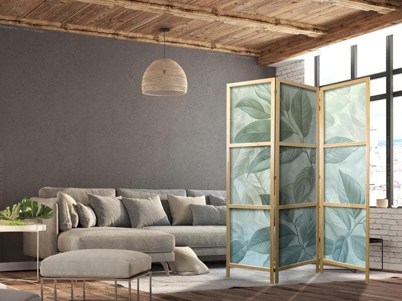 Paravento giapponese Eleganti foglie verdi 3 ante - 3