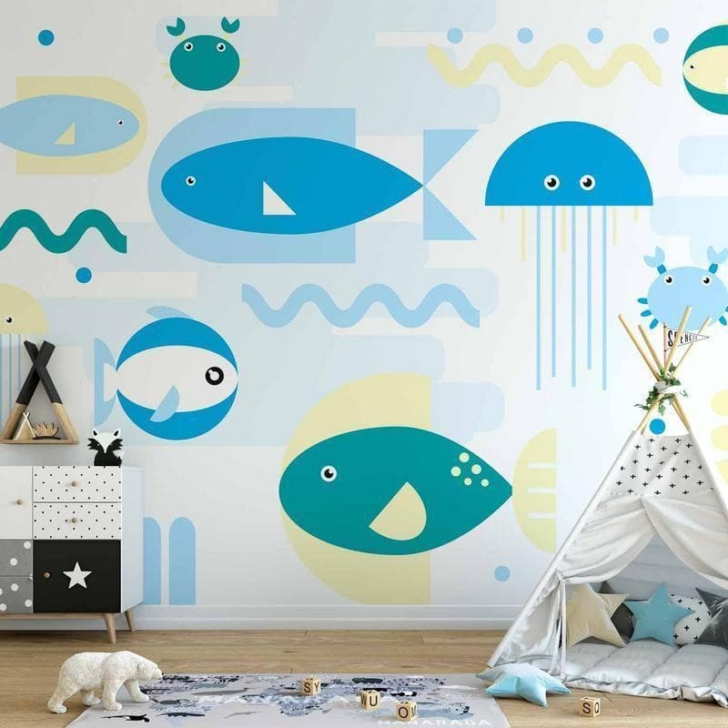 Carta da parati - Animals in the sea - geometric blue fish in water for kids - 13