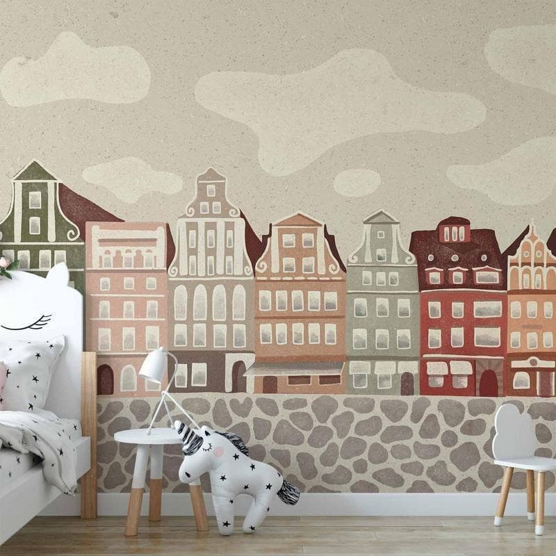 Carta da parati - Salt Square - Colorful Illustrated Townhouses Against a Cloudy Sky Background - 11