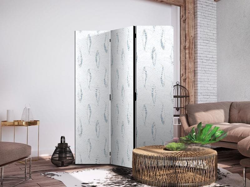 Paravento - Delicate Blue Fish - Mosaic Fish in Subtle Blue Color Shades with an Arched Pattern in the Background - 3