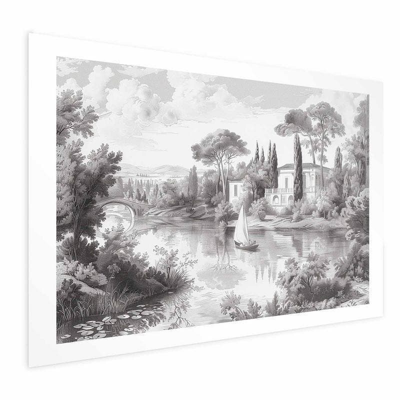 Poster - Black-and-White Vintage Landscape with a Pond - 15
