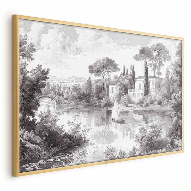 Poster - Black-and-White Vintage Landscape with a Pond - 16