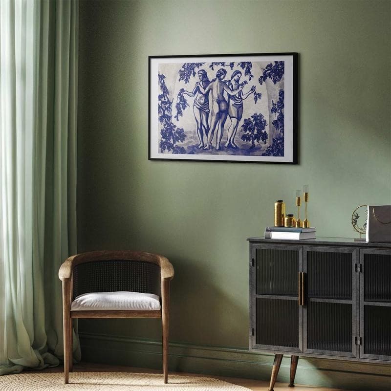Poster - Ancient Vineyard - three women in a portal painted in blue ink - 11