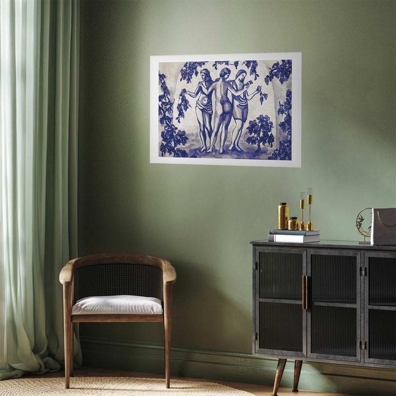 Poster - Ancient Vineyard - three women in a portal painted in blue ink - 12