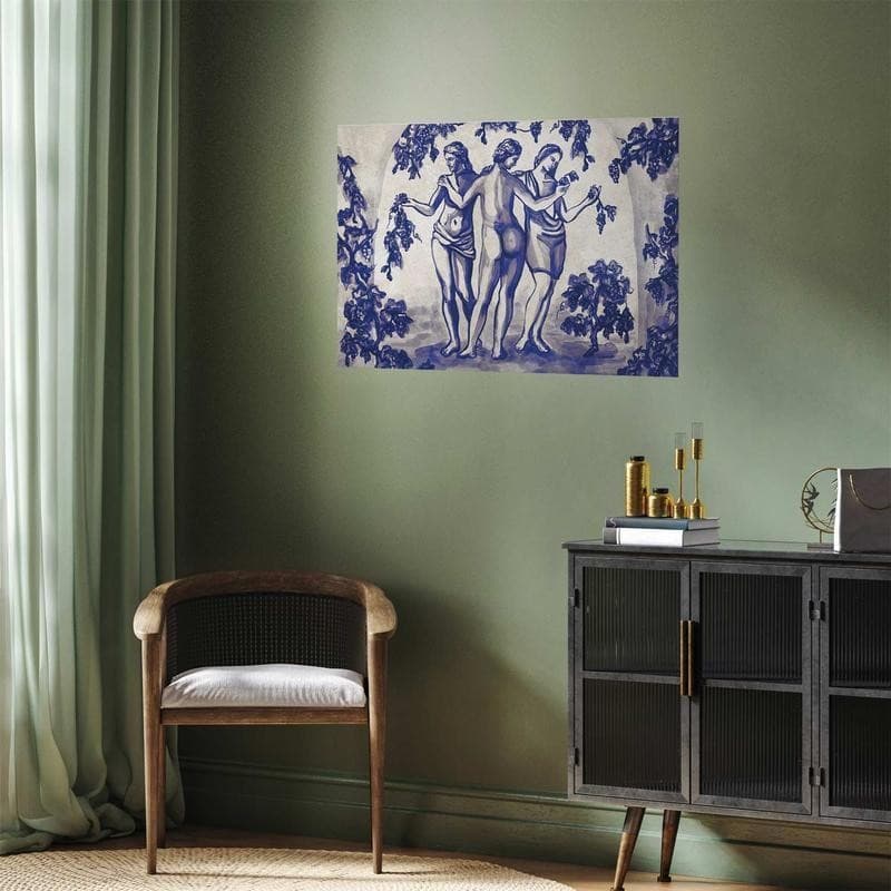 Poster - Ancient Vineyard - three women in a portal painted in blue ink - 7