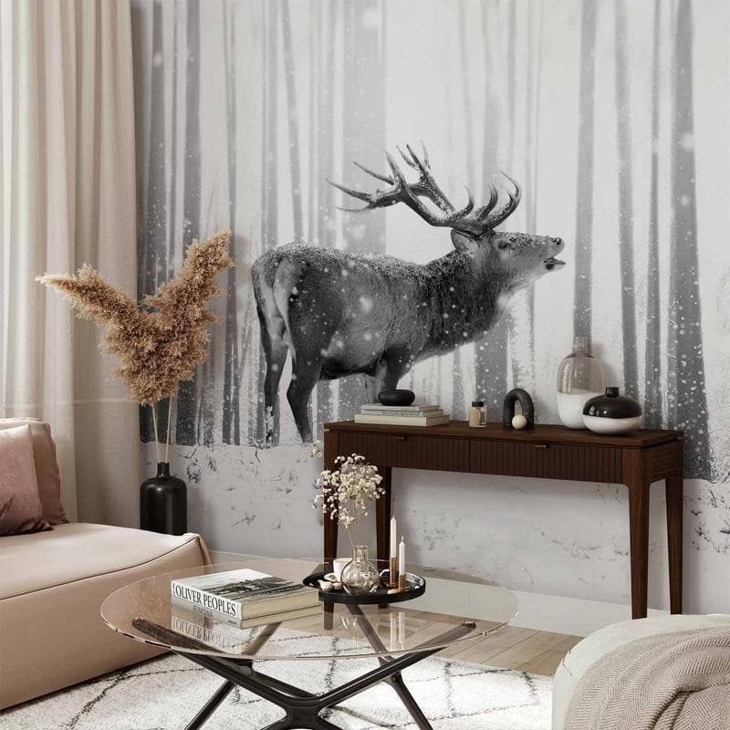 Carta da Parati Deer in the Snow Bianco e Nero - 13