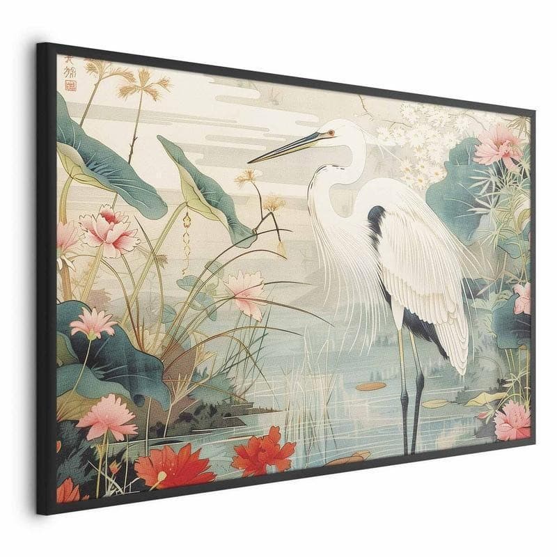 Poster - Over the Asian Pond - illustration in the Japanese print style featuring a heron - 17