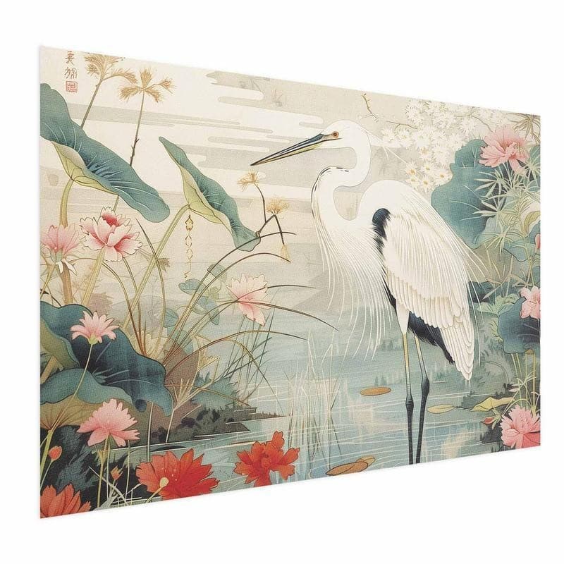 Poster - Over the Asian Pond - illustration in the Japanese print style featuring a heron - 15