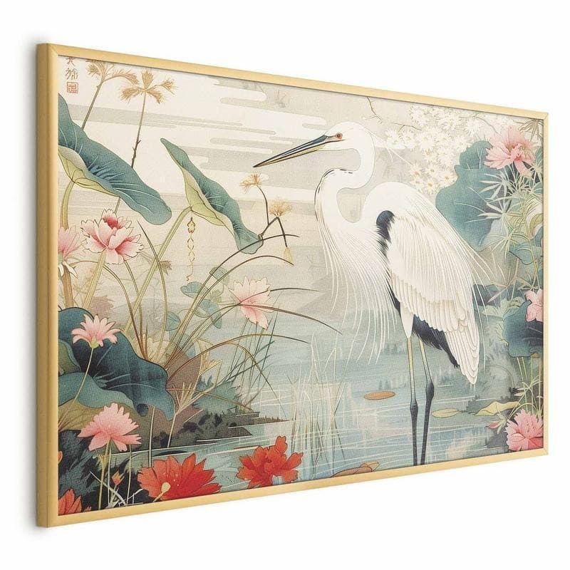 Poster - Over the Asian Pond - illustration in the Japanese print style featuring a heron - 18