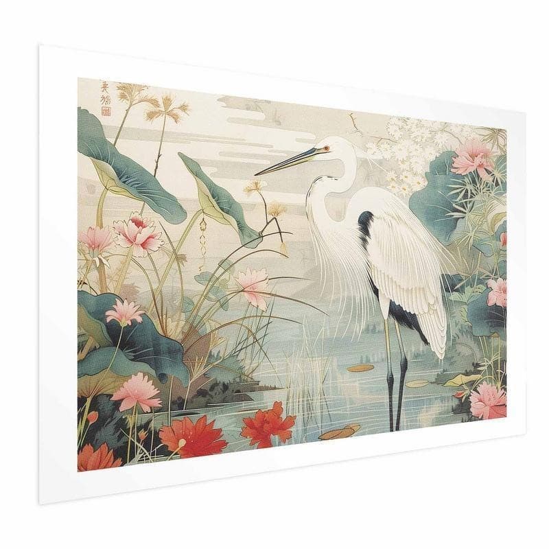 Poster - Over the Asian Pond - illustration in the Japanese print style featuring a heron - 16