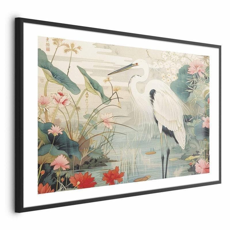 Poster - Over the Asian Pond - illustration in the Japanese print style featuring a heron - 20