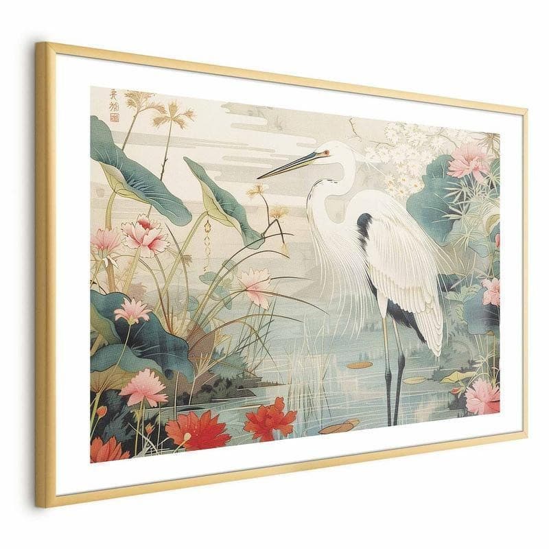 Poster - Over the Asian Pond - illustration in the Japanese print style featuring a heron - 19