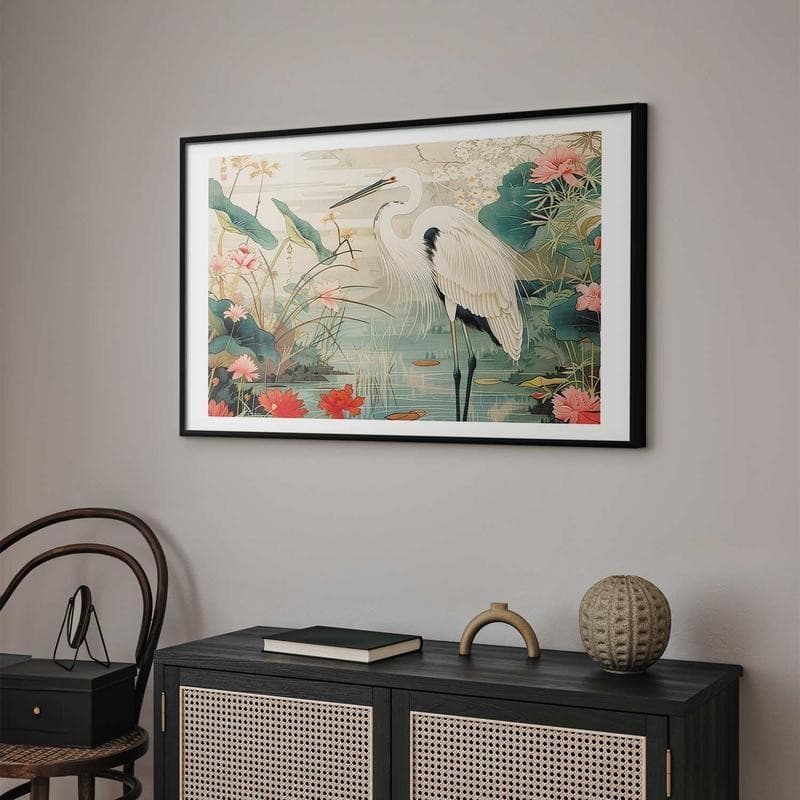 Poster - Over the Asian Pond - illustration in the Japanese print style featuring a heron - 11