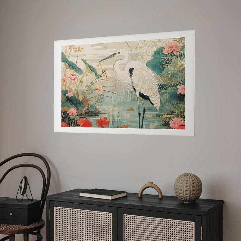 Poster - Over the Asian Pond - illustration in the Japanese print style featuring a heron - 12