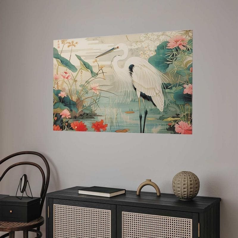 Poster - Over the Asian Pond - illustration in the Japanese print style featuring a heron - 7