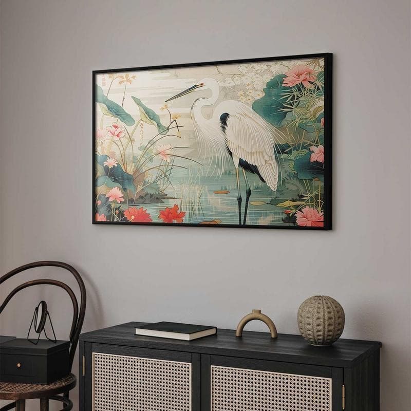 Poster - Over the Asian Pond - illustration in the Japanese print style featuring a heron - 8