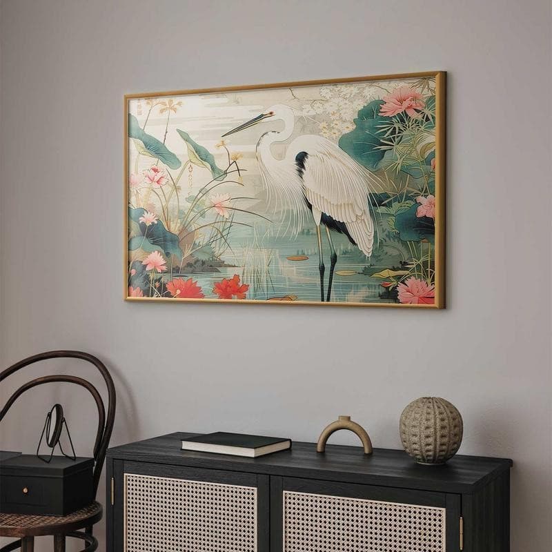 Poster - Over the Asian Pond - illustration in the Japanese print style featuring a heron - 9