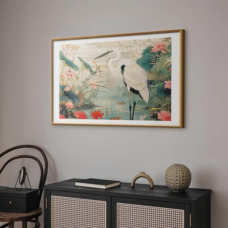 Poster - Over the Asian Pond - illustration in the Japanese print style featuring a heron - 10