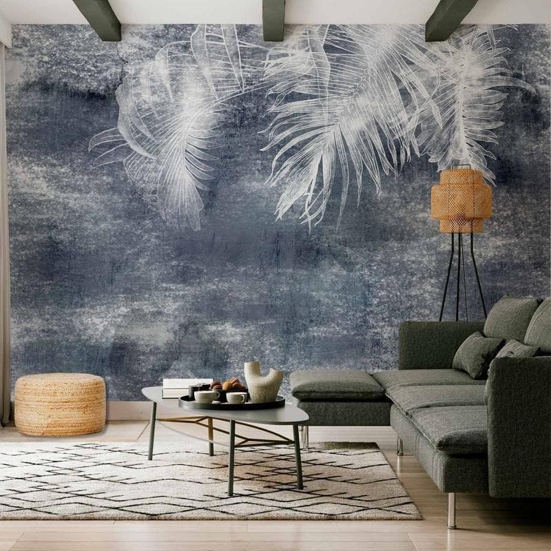 Carta da parati - Abstraction with nature - exotic leaves on a blue background with pattern - 13