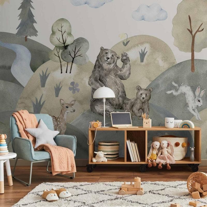 Carta da parati - Green Hills - a Valley With Animals Painted in Watercolours - 14