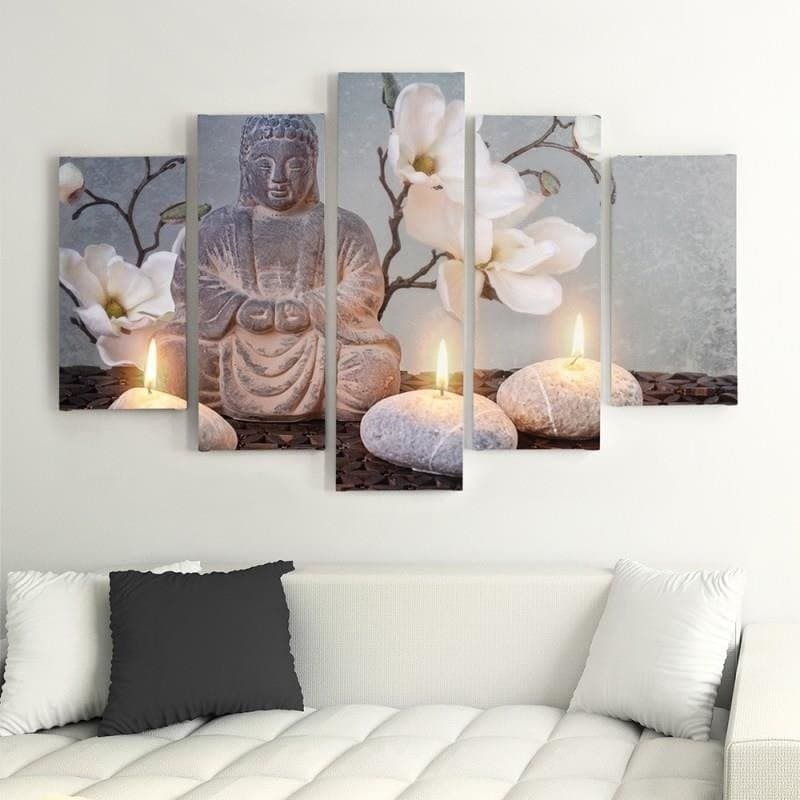 Quadri Quadro 5 pezzi Stampa su tela Pietra di fiori grigi di Buddha - 2