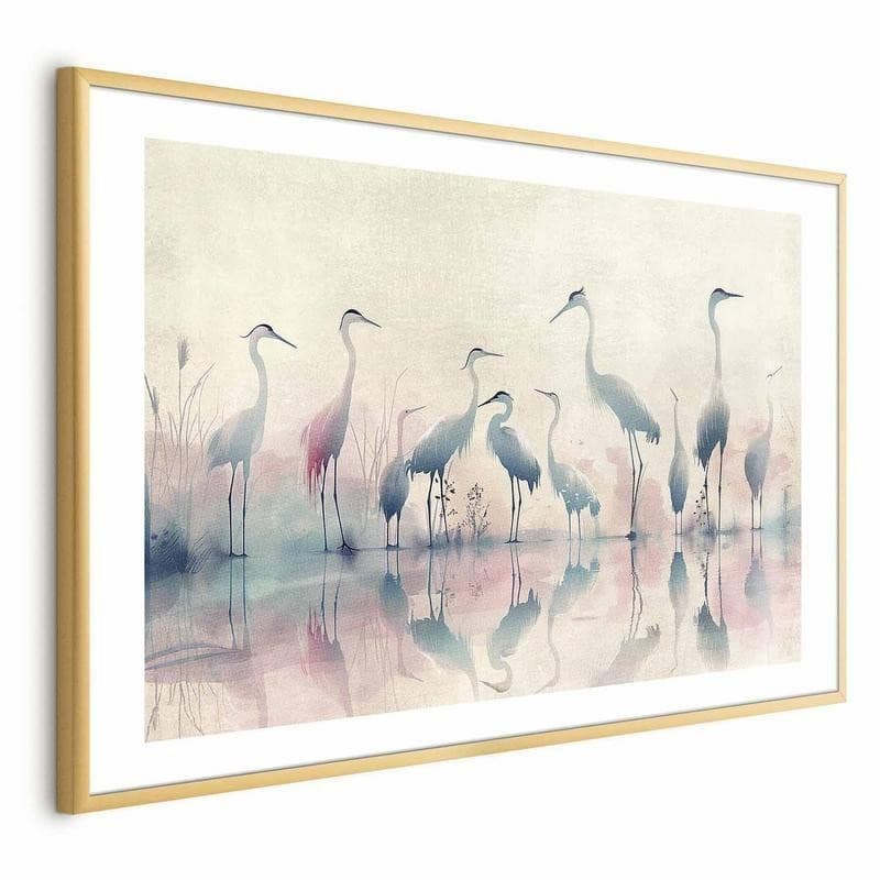 Poster - Birds by the Lake - herons painted in watercolor in a delicate, gray-pink palette - 15