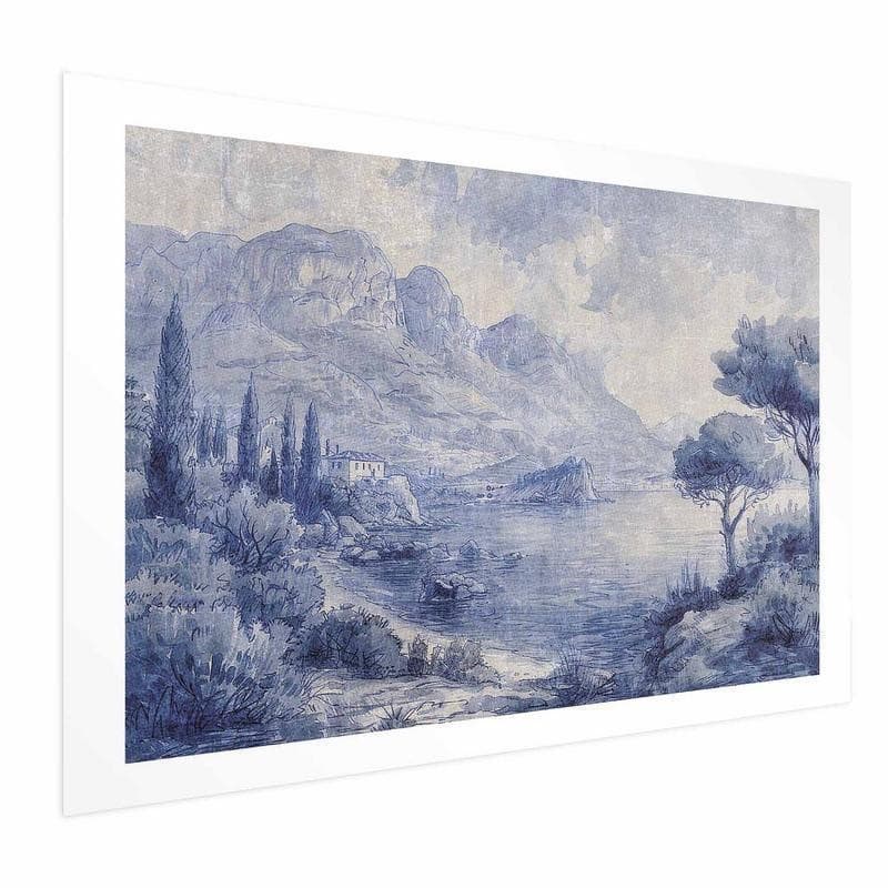 Poster - Blue Bay - Italian Landscape of Lake Como Painted in Blue Ink - 15