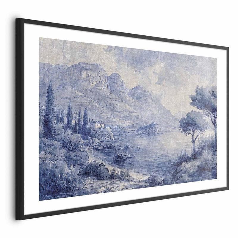 Poster - Blue Bay - Italian Landscape of Lake Como Painted in Blue Ink - 19