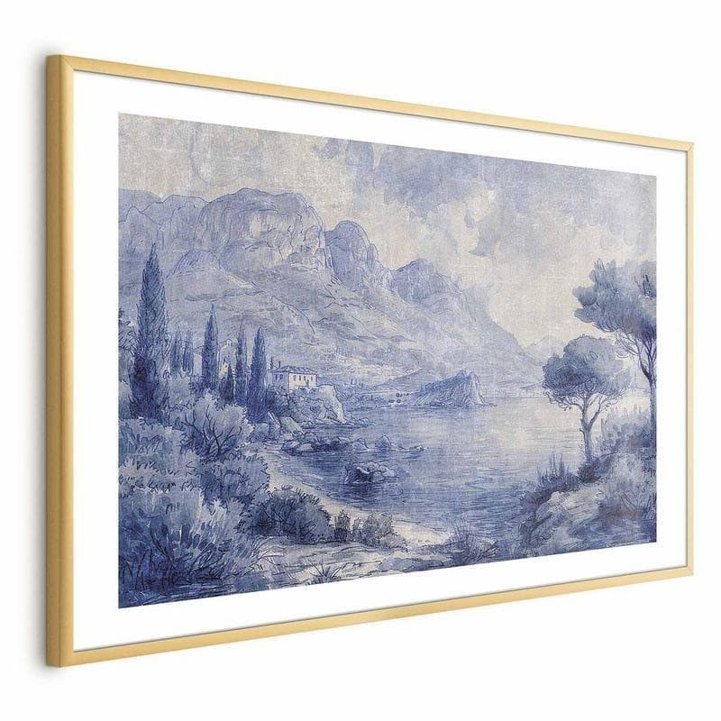 Poster - Blue Bay - Italian Landscape of Lake Como Painted in Blue Ink - 18